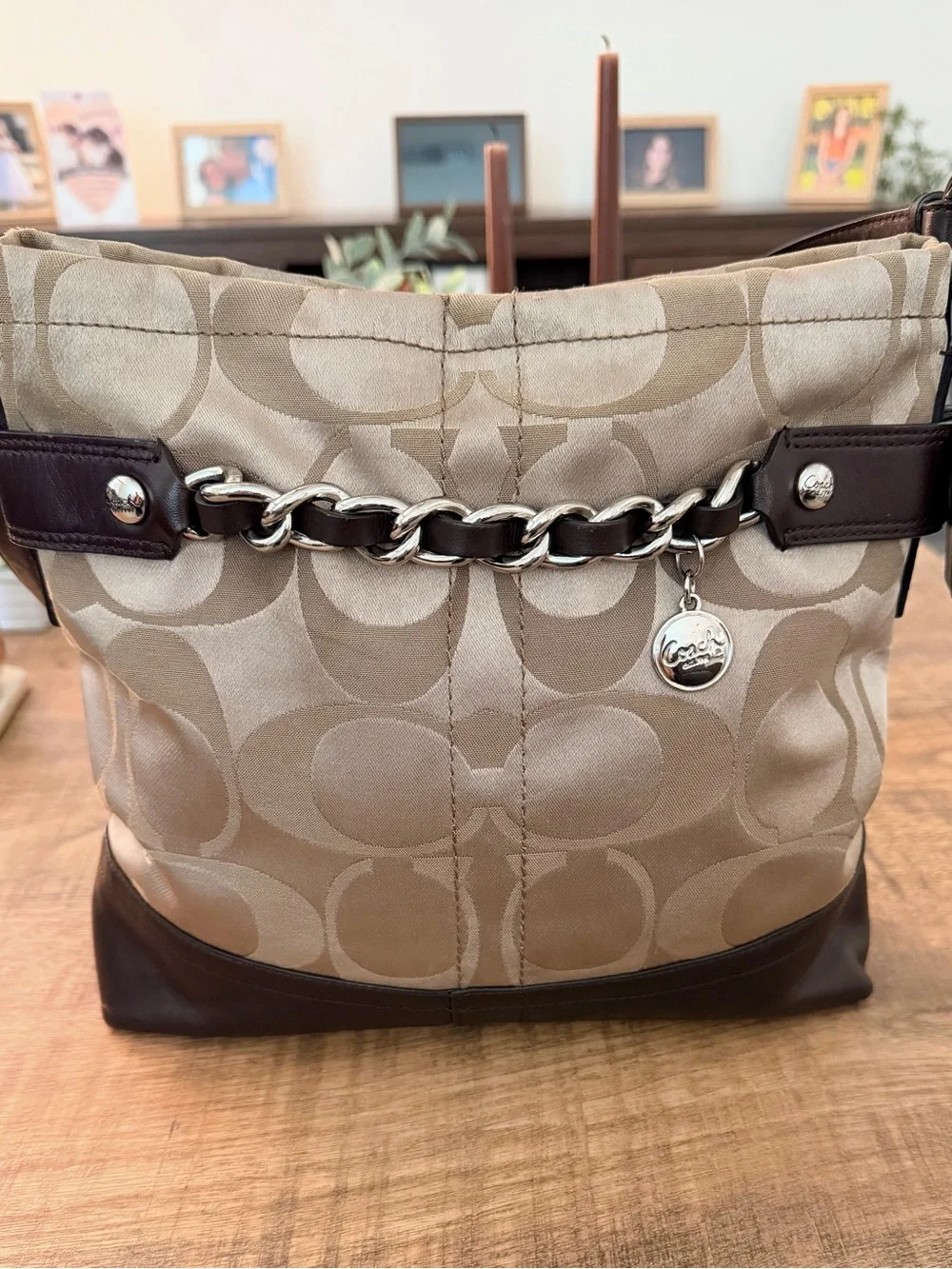 Y2K Aesthetic Coach Beige Signature Sateen Shoulder Bag with Brown Leather Trim